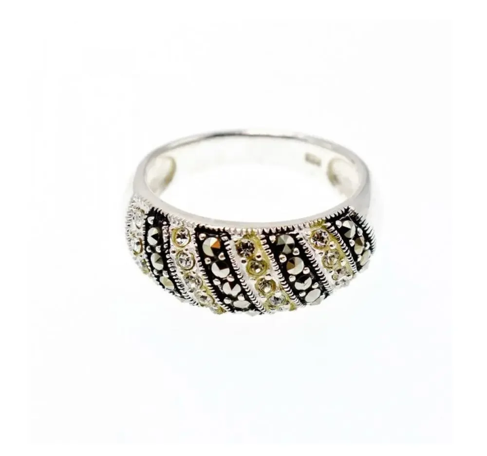 925 Sterling Silver CZ & Marcasites Ring Size 8